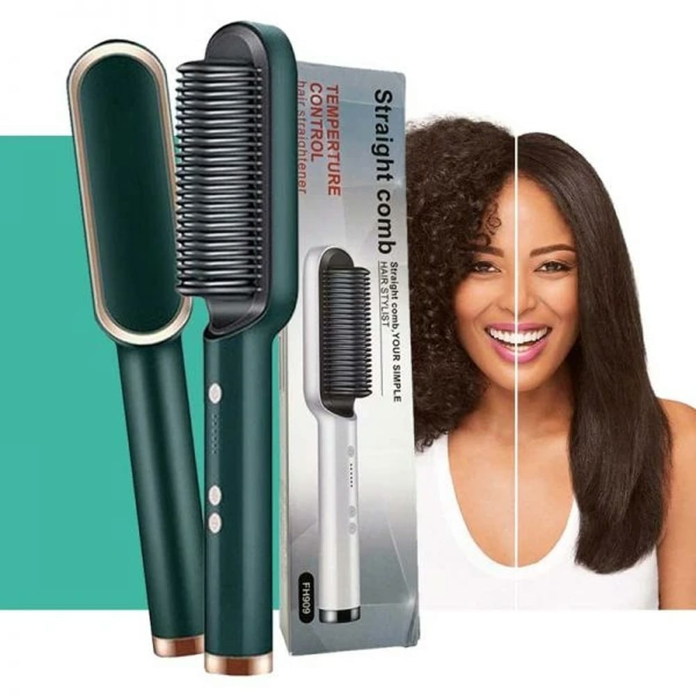 909 Hair Straightening Brush | Electric 2‑in‑1 Straightener & Curler | Heating Styling Comb