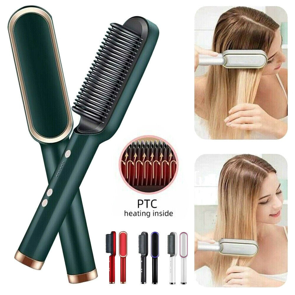 909 Hair Straightening Brush | Electric 2‑in‑1 Straightener & Curler | Heating Styling Comb