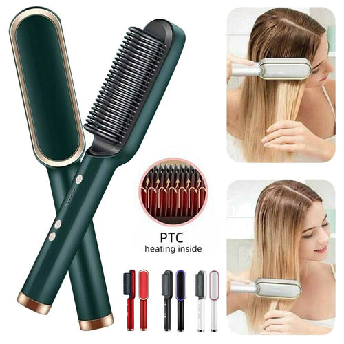 909 Hair Straightening Brush | Electric 2‑in‑1 Straightener & Curler | Heating Styling Comb